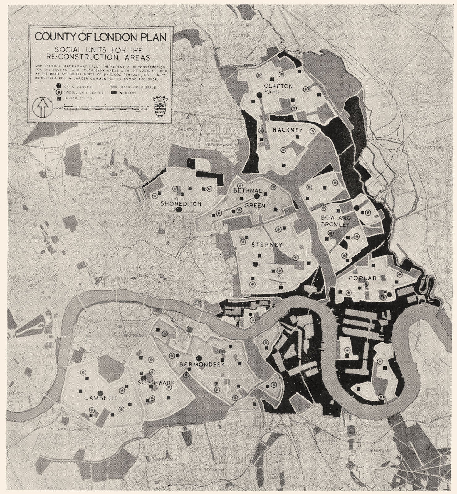 LONDON. East End  Post War Reconstruction Areas. A Social Framework  1943 map